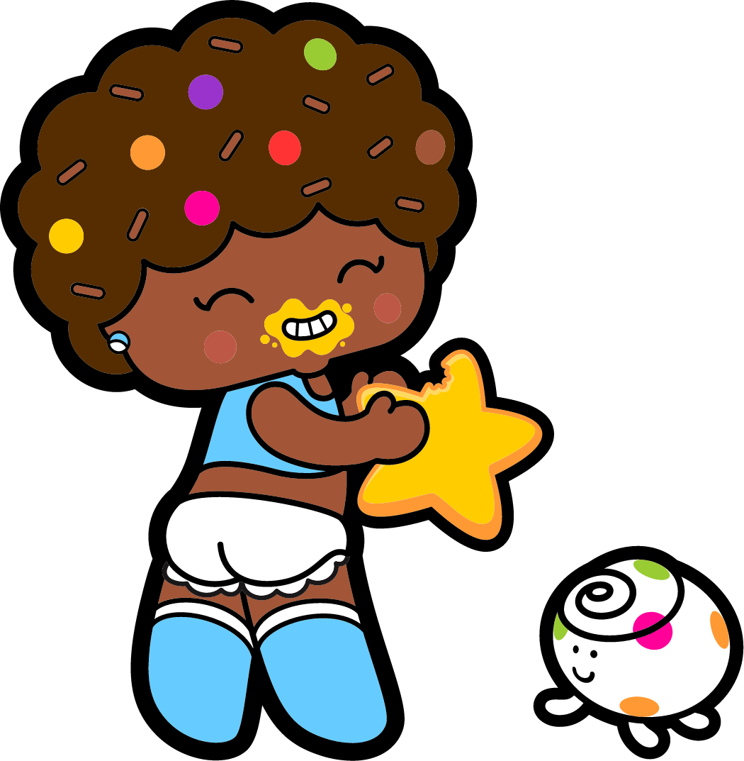 Bombom is an Afro-descendant girl with black-power hair that looks like milk chocolate, adorned with colored hair clips that resemble sugar sprinkles. She wears a sky blue top with a brigadeiro print on the front, white gym shorts with blue stripes on the side and blue sports boots. In the picture she is eating a little yellow star and is smiling with a smeared mouth. Loui is white, has a spiral on his head and looks like a ball with two little arms and legs. He is about the size of a handball. He also has a body full of colored balls that resemble Bombom's sugar sprinkles. In the picture, Loui is next to Bombom.
