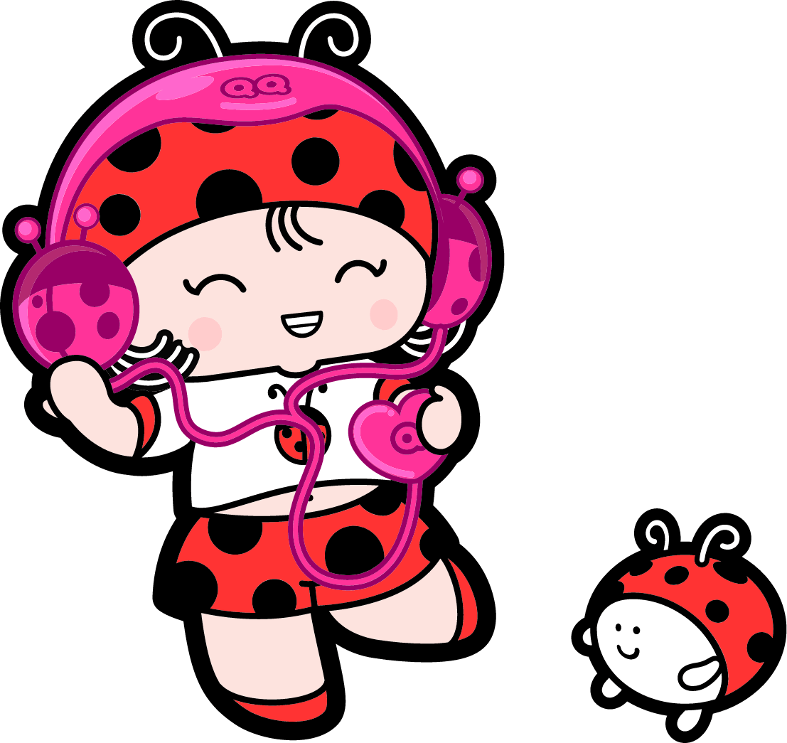 Joana is a girl with light skin, with dark, straight, medium length hair. She wears a white t-shirt with red sleeves and a ladybug printed on the front, red shorts with black polka dot print, red sneakers and a red cap with antennae and black polka dot print. In the picture she is dancing and listening to music with her pink and ladybug-shaped headphones. Ninho is white and looks like a ball with two little arms and legs. He is about the size of a handball. He also wears a red hat with antennae and black polka dot print similar to Joana's. In the image, Ninho is sitting next to Joana.