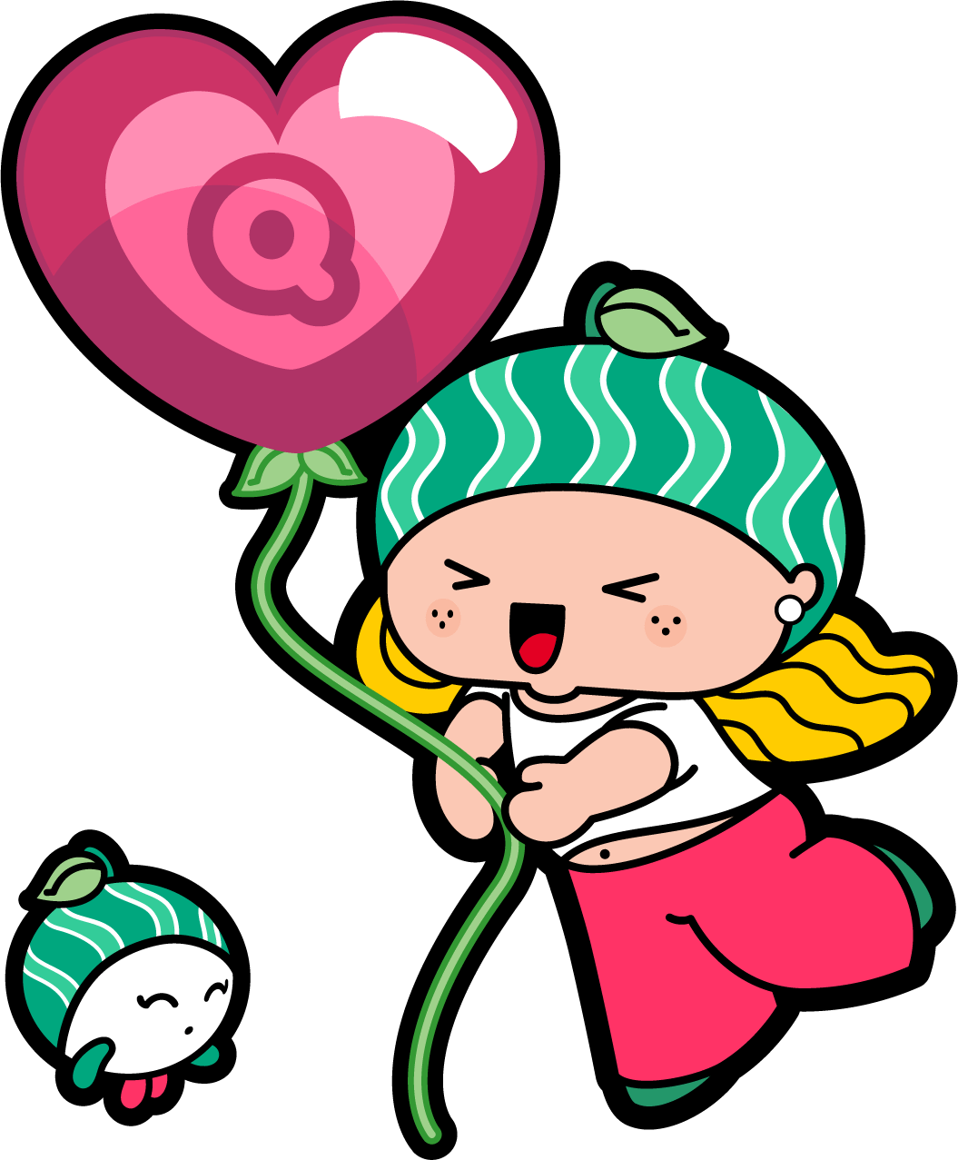 Melly is a girl with tanned skin, long, wavy blond hair and freckles on her cheeks. She wears a white t-shirt with a watermelon slice print on the front, pink trousers, green sneakers and also wears a watermelon hat with a green leaf on top. In the picture she is holding a pink balloon in the shape of a heart, with the letter 'Q' (from Qui Qui Biscuit®) in the middle of the balloon. Seesy is white and looks like a ball with two little green arms and two pink legs. She is about the size of a handball. Like Melly, she also wears a watermelon hat with a green leaf on top. In the picture she is next to Melly.
